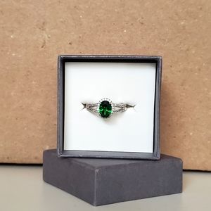 Oval Green Emerald ring with Swarovski Crystal halo and studded split band